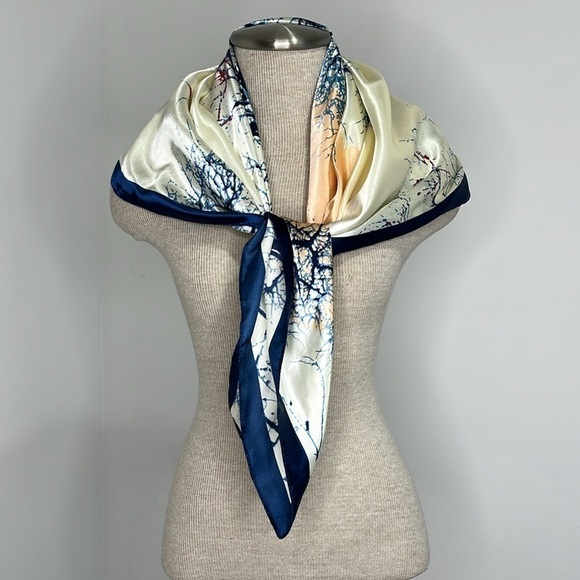 Corciova Abstract Womens Satin Scarf Trees Blue Pink Coral Cream Square - Picture 11 of 12